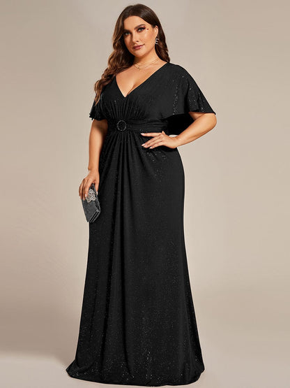 Plus Size Glitter Bat-Wing Sleeve Waist-Cinching Mermaid Evening Dress #color_Black