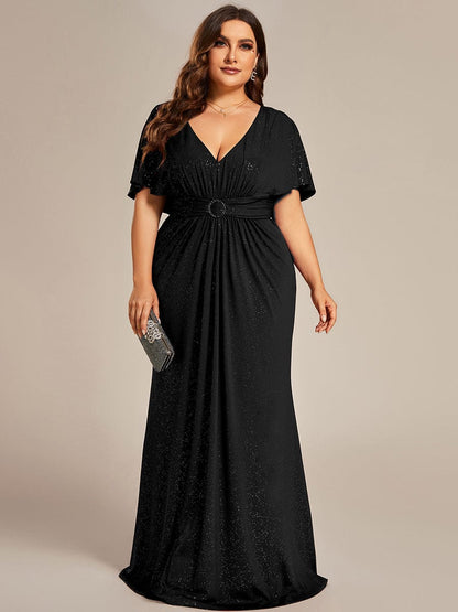 Plus Size Glitter Bat-Wing Sleeve Waist-Cinching Mermaid Evening Dress #color_Black