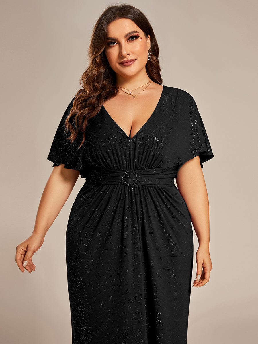 Plus Size Glitter Bat-Wing Sleeve Waist-Cinching Mermaid Evening Dress #color_Black