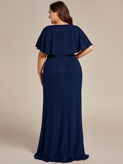 Plus Size Glitter Bat-Wing Sleeve Waist-Cinching Mermaid Evening Dress #color_Navy Blue