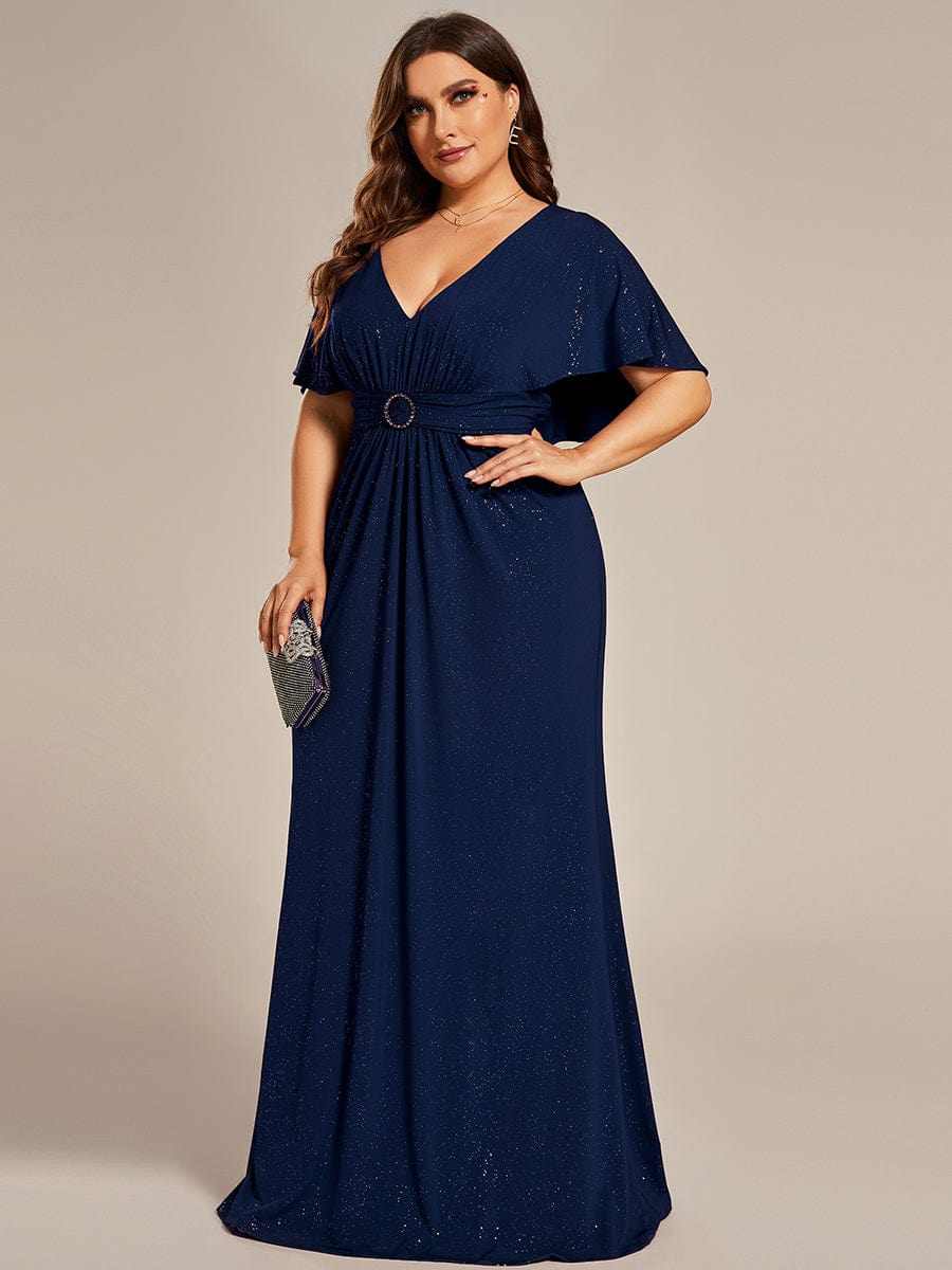 Plus Size Glitter Bat-Wing Sleeve Waist-Cinching Mermaid Evening Dress #color_Navy Blue