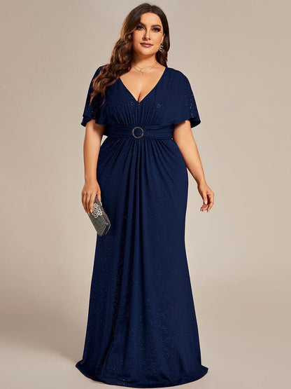 Plus Size Glitter Bat-Wing Sleeve Waist-Cinching Mermaid Evening Dress #color_Navy Blue