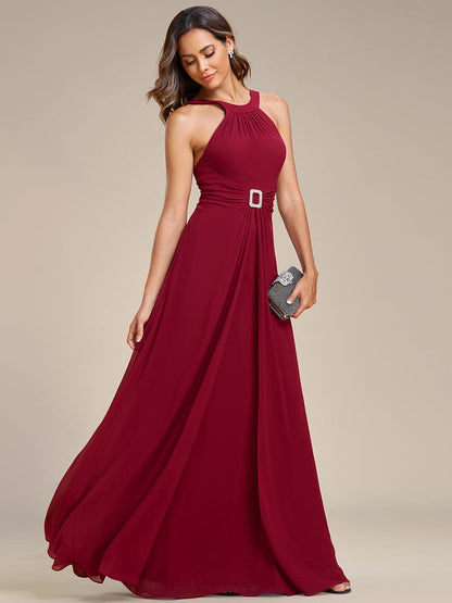 Halter Neck Pleated Chiffon Waist Buckle Decoration Maxi Evening Dress #color_Burgundy