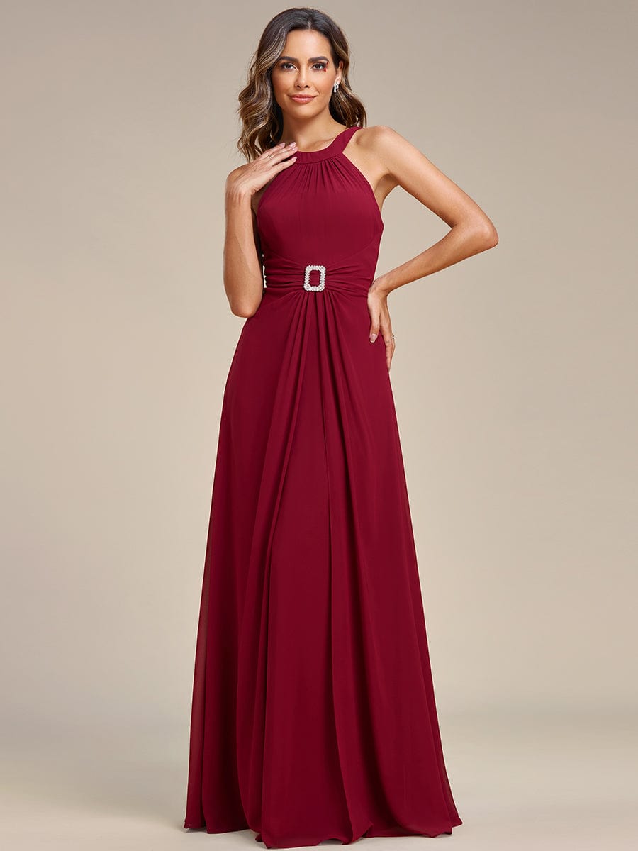 Halter Neck Pleated Chiffon Waist Buckle Decoration Maxi Evening Dress #color_Burgundy