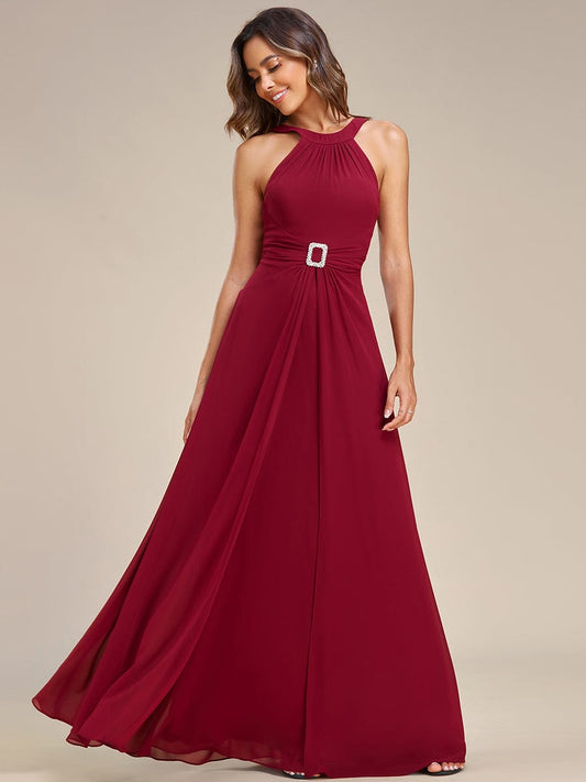 Halter Neck Pleated Chiffon Waist Buckle Decoration Maxi Evening Dress #color_Burgundy