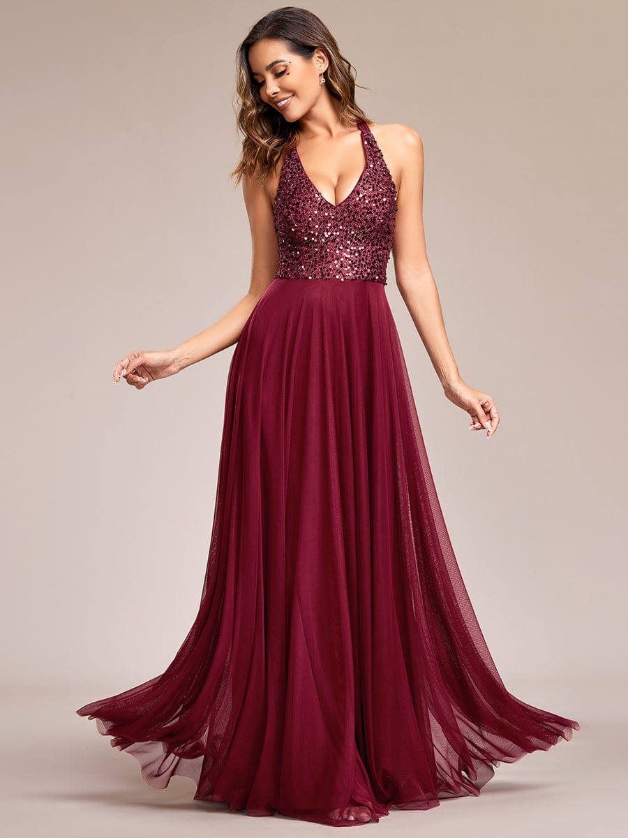 Sequin Halter Neck Top A-Line Backless Evening Dress with Tulle #color_Burgundy