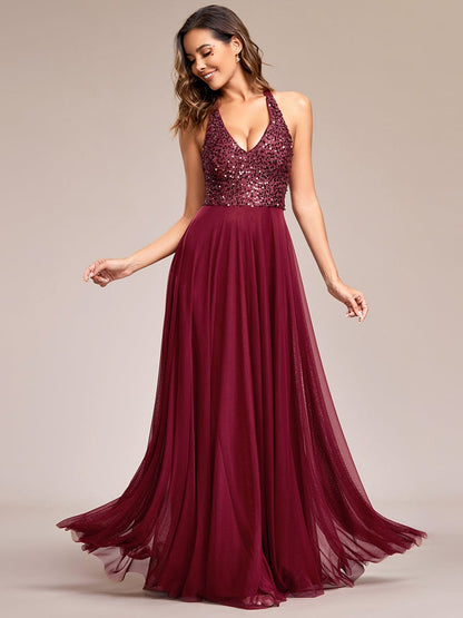 Sequin Halter Neck Top A-Line Backless Evening Dress with Tulle #color_Burgundy