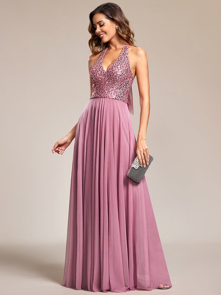 Sequin Halter Neck Top A-Line Backless Evening Dress with Tulle #color_Purple Orchid