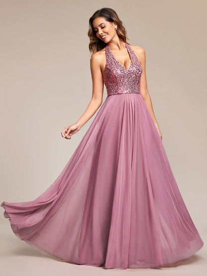 Sequin Halter Neck Top A-Line Backless Evening Dress with Tulle #color_Purple Orchid