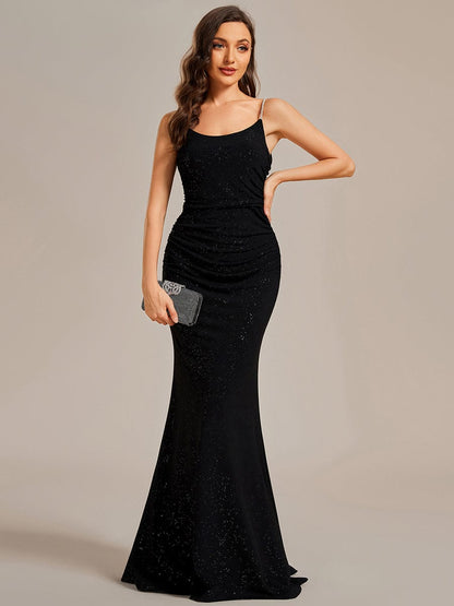 Glitter Spaghetti Strap U-Veck Open Back Bodycon Stretchy Evening Dress #color_Black