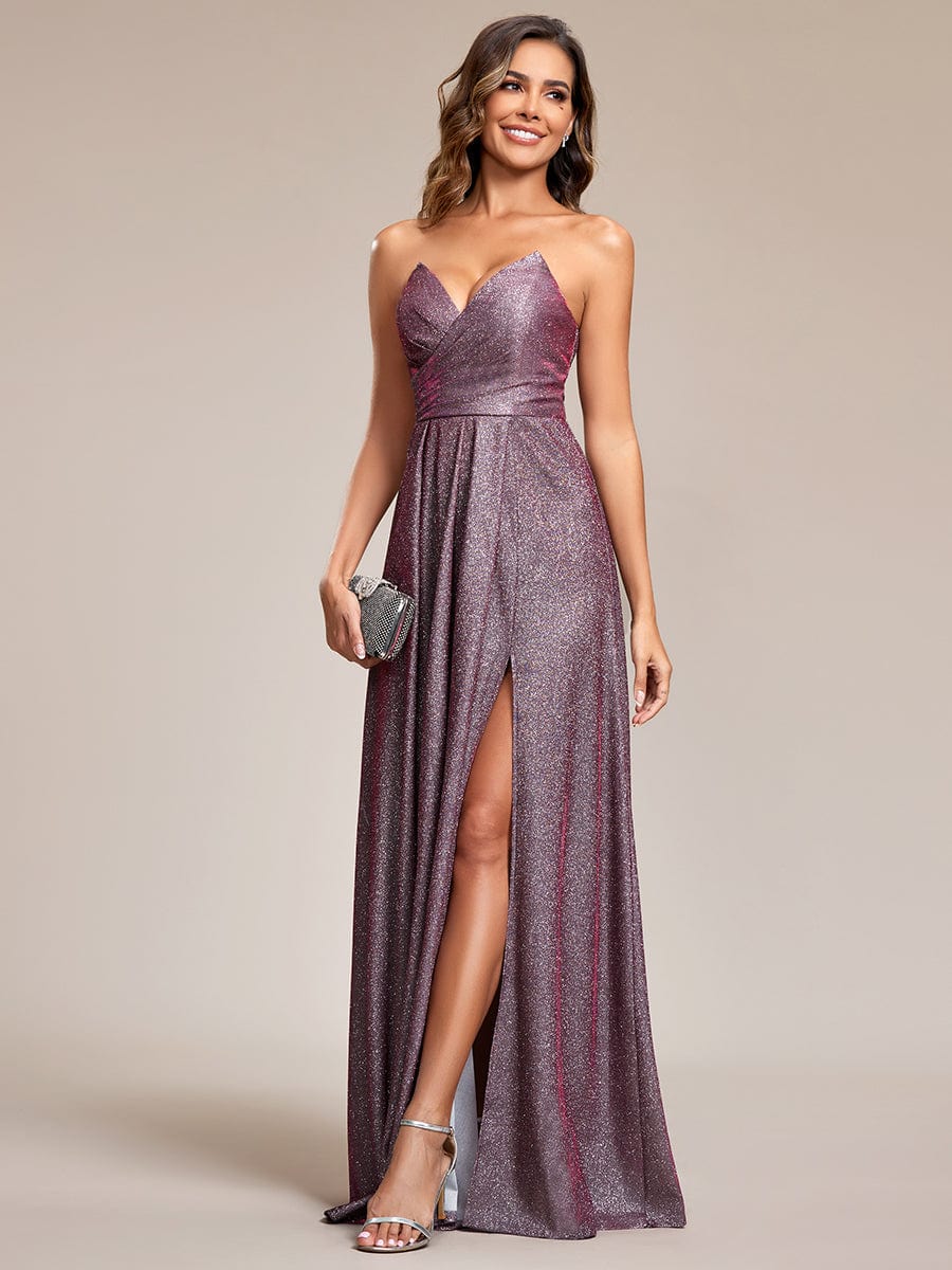 Shimmering Strapless A-Line Pleated Back-Laced High Slit Evening Dress #color_Metallic Rose