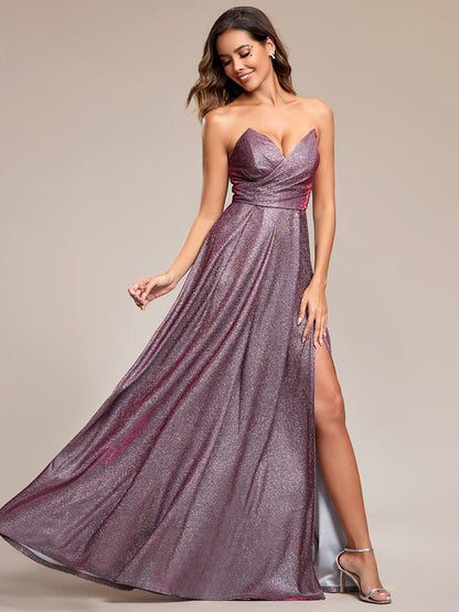 Shimmering Strapless A-Line Pleated Back-Laced High Slit Evening Dress #color_Metallic Rose