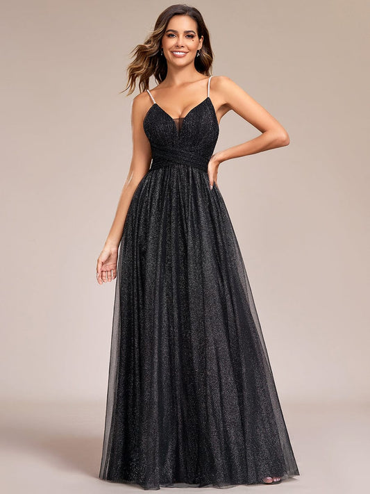 Glittering Sleeveless Spaghetti Straps V-Neck Open Back Evening Dress #color_Black