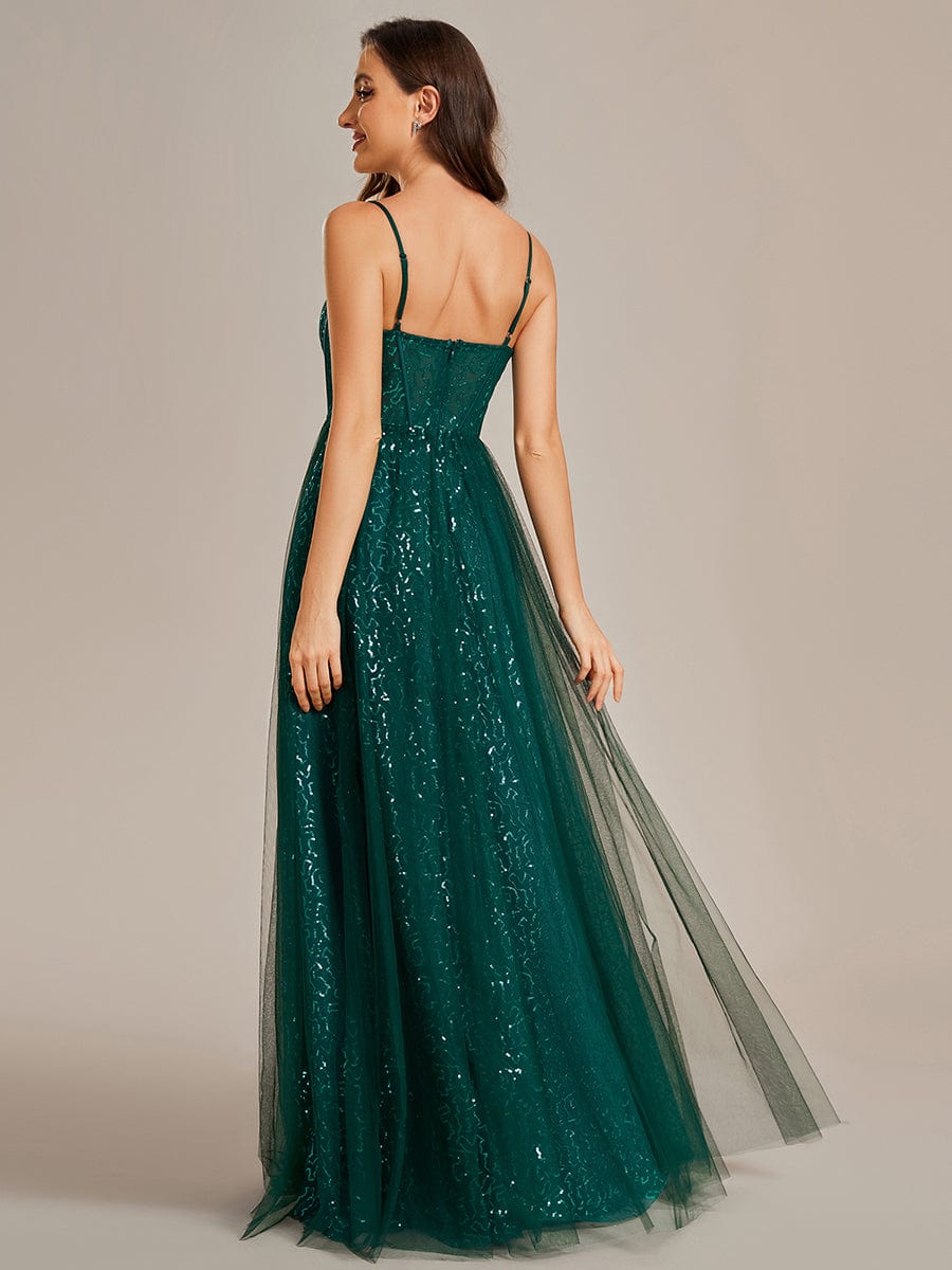 Spaghetti Straps Illusion Sleeveless A-Line Sequin Evening Dress with Tulle Cover #color_Dark Green