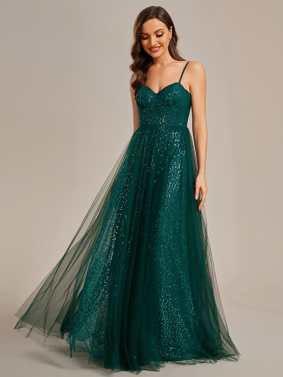 Spaghetti Straps Illusion Sleeveless A-Line Sequin Evening Dress with Tulle Cover #color_Dark Green