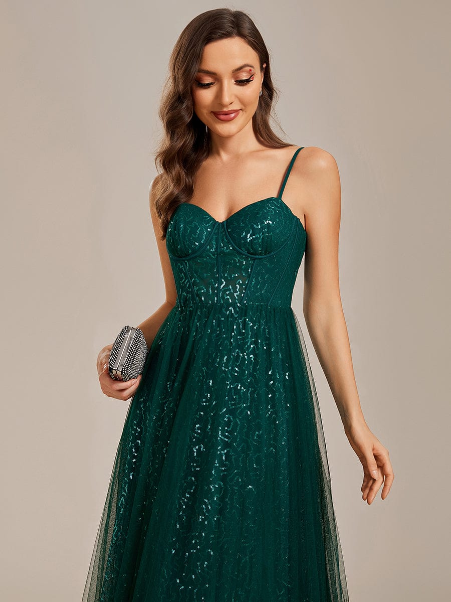 Spaghetti Straps Illusion Sleeveless A-Line Sequin Evening Dress with Tulle Cover #color_Dark Green