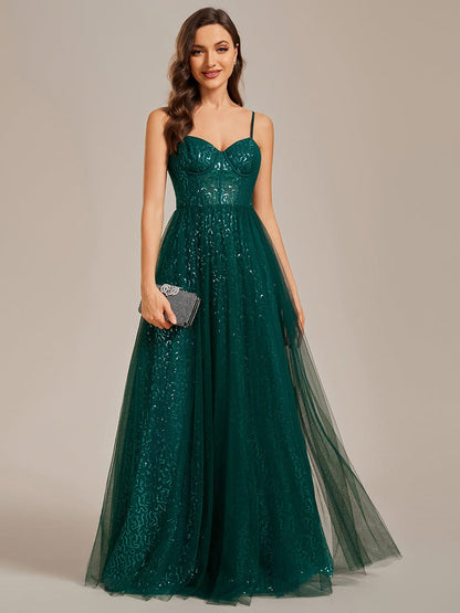 Spaghetti Straps Illusion Sleeveless A-Line Sequin Evening Dress with Tulle Cover #color_Dark Green