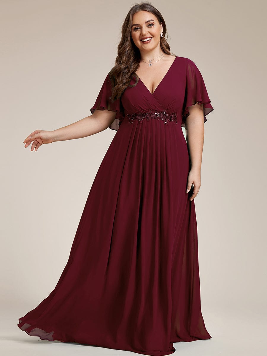 Plus Size Floral Applique Short Sleeve A-Line Chiffon Evening Dress #color_Burgundy