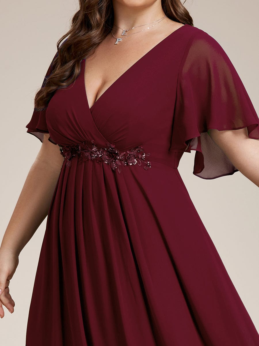 Ruffles Sleeve A-Line Chiffon Waist Applique Maxi Evening Dress #color_Burgundy