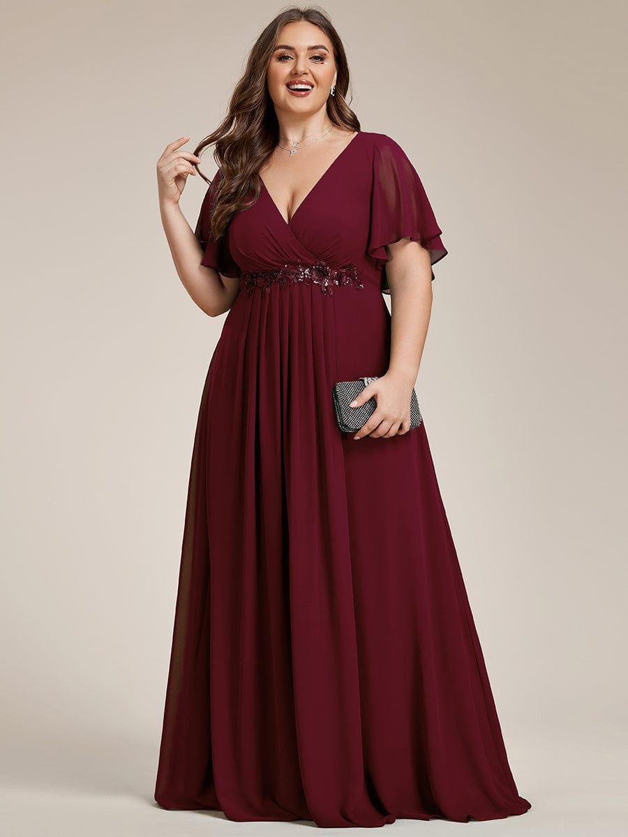 Ruffles Sleeve A-Line Chiffon Waist Applique Maxi Evening Dress #color_Burgundy