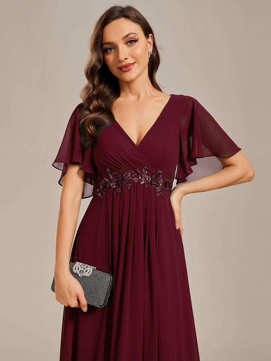 Ruffles Sleeve A-Line Chiffon Waist Applique Maxi Evening Dress #color_Burgundy