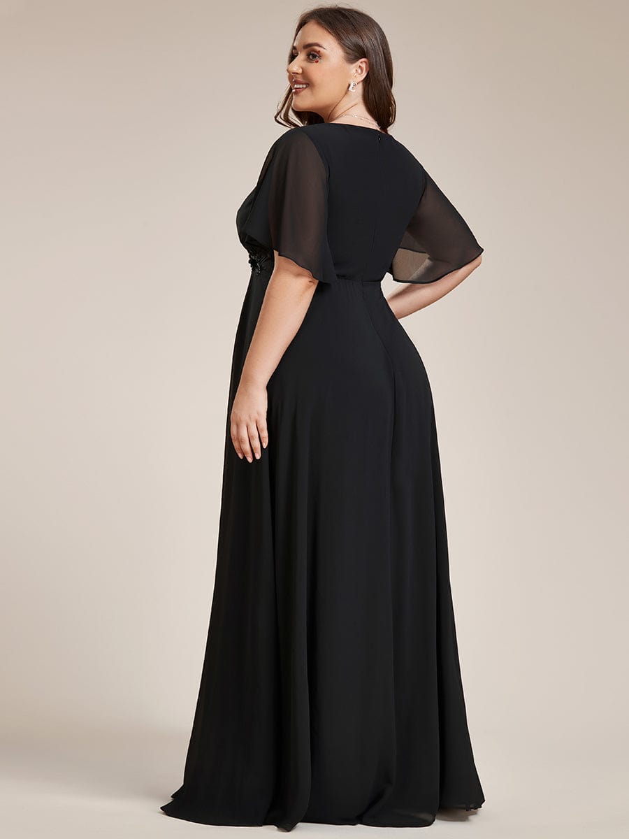 Ruffles Sleeve A-Line Chiffon Waist Applique Maxi Evening Dress #color_Black