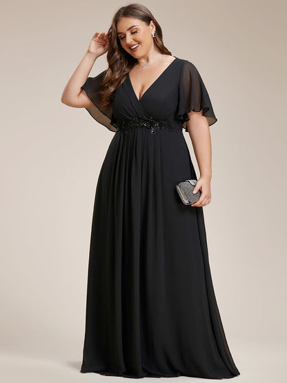 Plus Size Floral Applique Short Sleeve A-Line Chiffon Evening Dress #color_Black