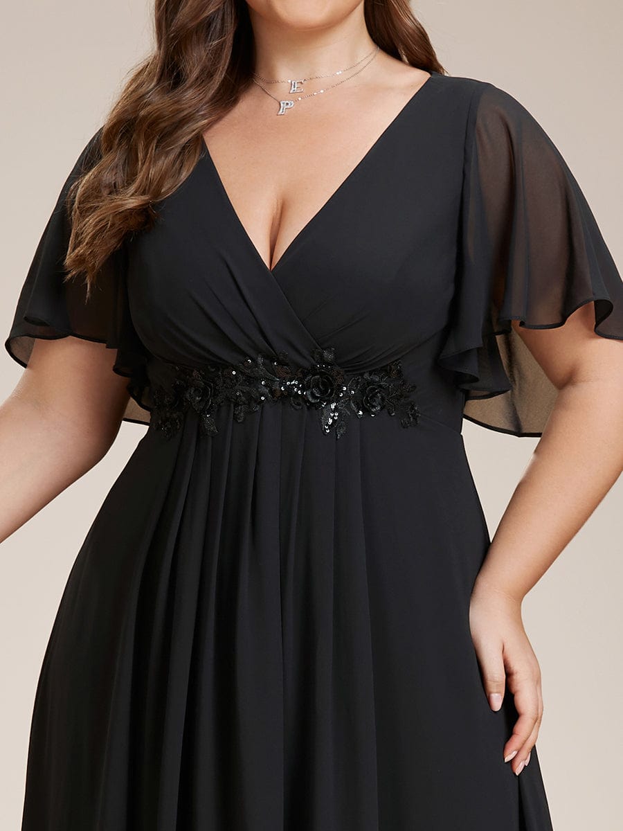 Plus Size Floral Applique Short Sleeve A-Line Chiffon Evening Dress #color_Black