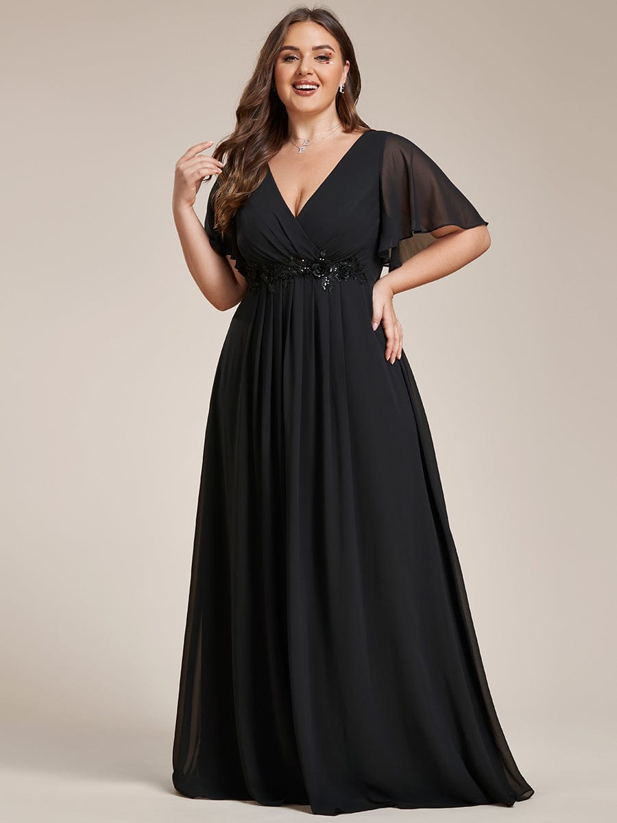 Plus Size Floral Applique Short Sleeve A-Line Chiffon Evening Dress #color_Black