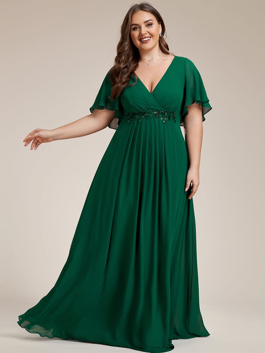 Plus Size Floral Applique Short Sleeve A-Line Chiffon Evening Dress #color_Dark Green