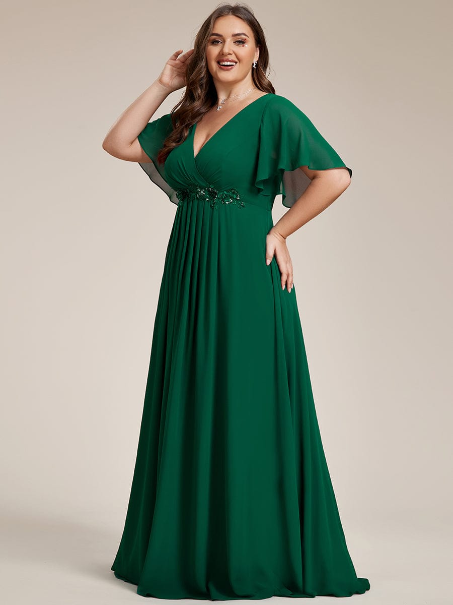 Plus Size Floral Applique Short Sleeve A-Line Chiffon Evening Dress #color_Dark Green