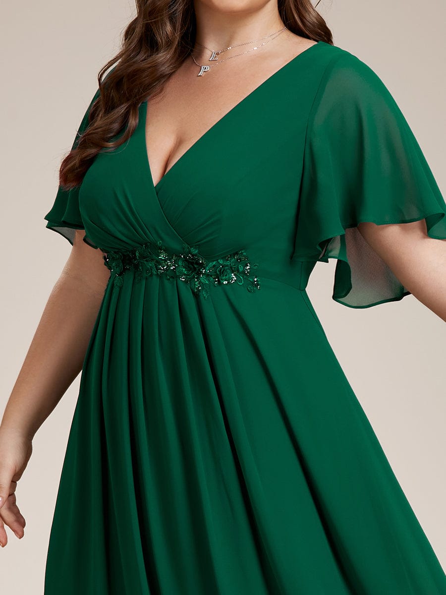 Ruffles Sleeve A-Line Chiffon Waist Applique Maxi Evening Dress #color_Dark Green