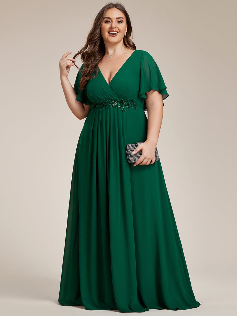 Ruffles Sleeve A-Line Chiffon Waist Applique Maxi Evening Dress #color_Dark Green