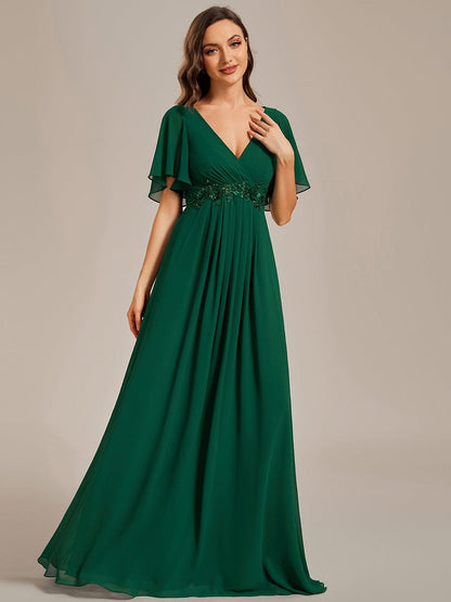 Ruffles Sleeve A-Line Chiffon Waist Applique Maxi Evening Dress #color_Dark Green