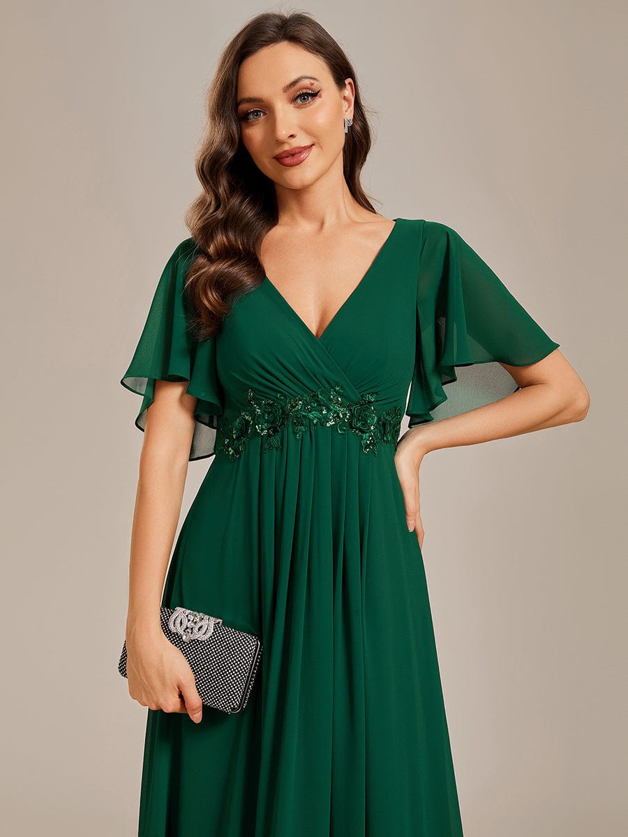 Ruffles Sleeve A-Line Chiffon Waist Applique Maxi Evening Dress #color_Dark Green