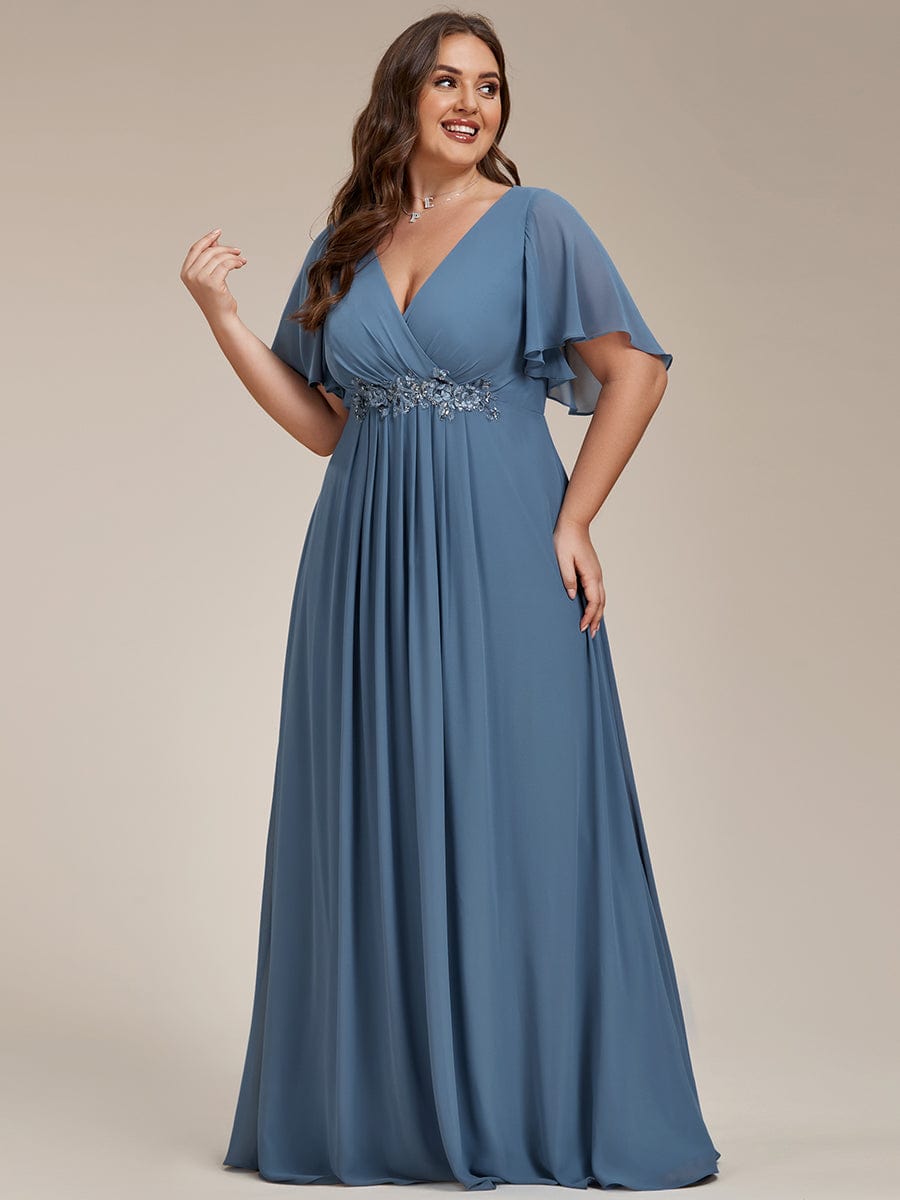 Plus Size Floral Applique Short Sleeve A-Line Chiffon Evening Dress #color_Dusty Navy