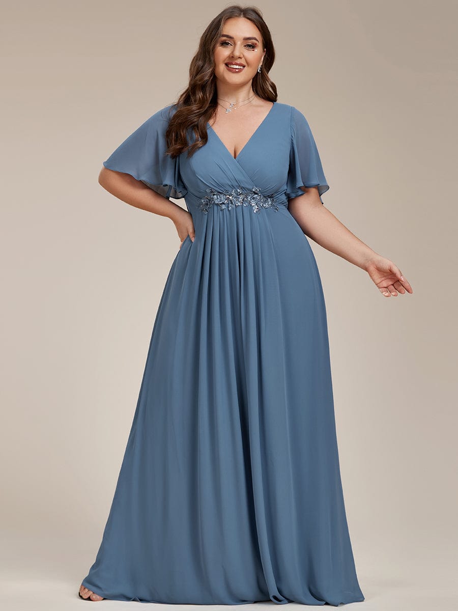 Plus Size Floral Applique Short Sleeve A-Line Chiffon Evening Dress #color_Dusty Navy