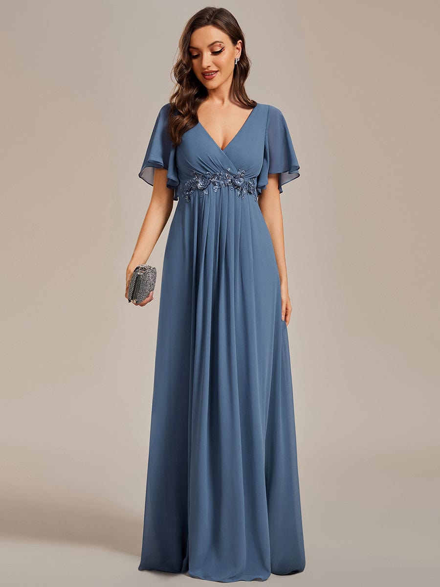 Ruffles Sleeve A-Line Chiffon Waist Applique Maxi Evening Dress #color_Dusty Navy