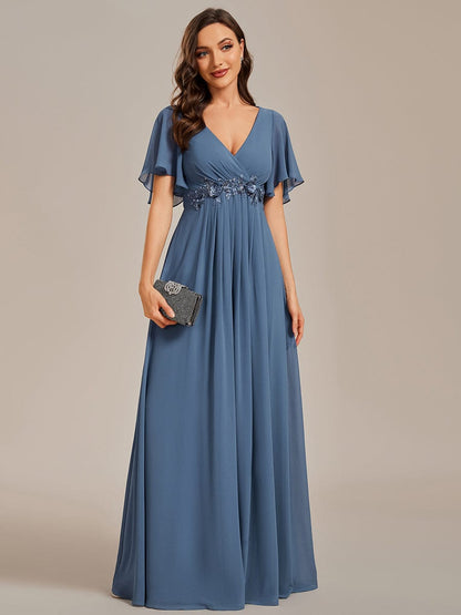 Ruffles Sleeve A-Line Chiffon Waist Applique Maxi Evening Dress #color_Dusty Navy