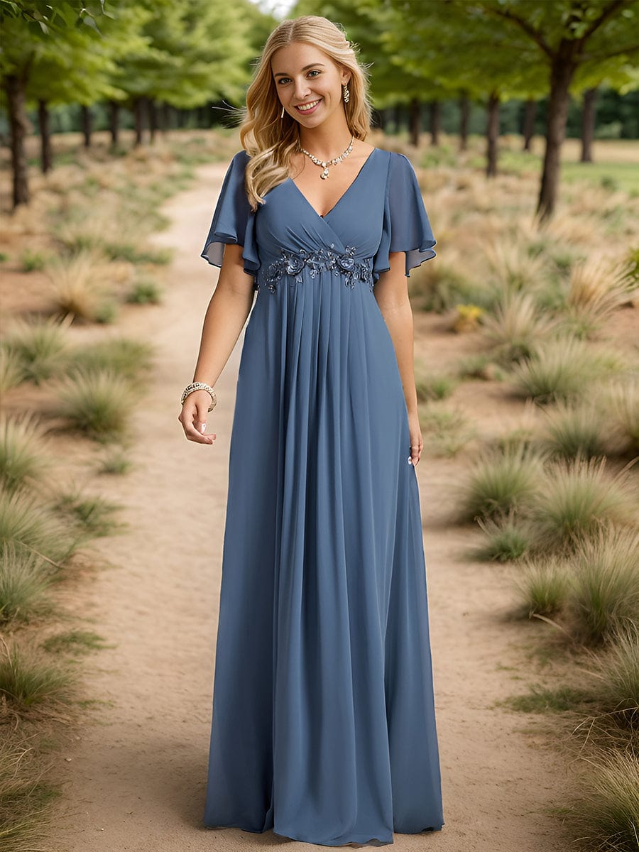 Ruffles Sleeve A-Line Chiffon Waist Applique Maxi Evening Dress #color_Dark Navy