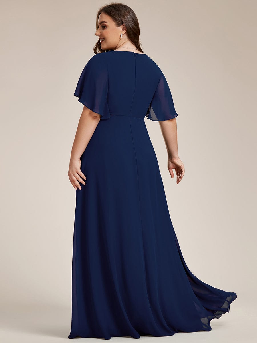 Ruffles Sleeve A-Line Chiffon Waist Applique Maxi Evening Dress #color_Navy Blue