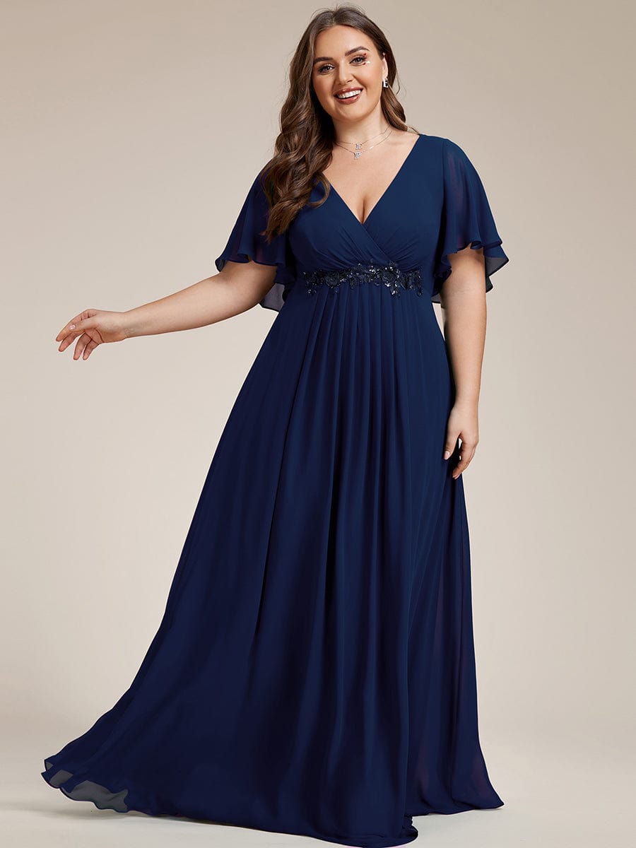 Plus Size Floral Applique Short Sleeve A-Line Chiffon Evening Dress #color_Navy Blue