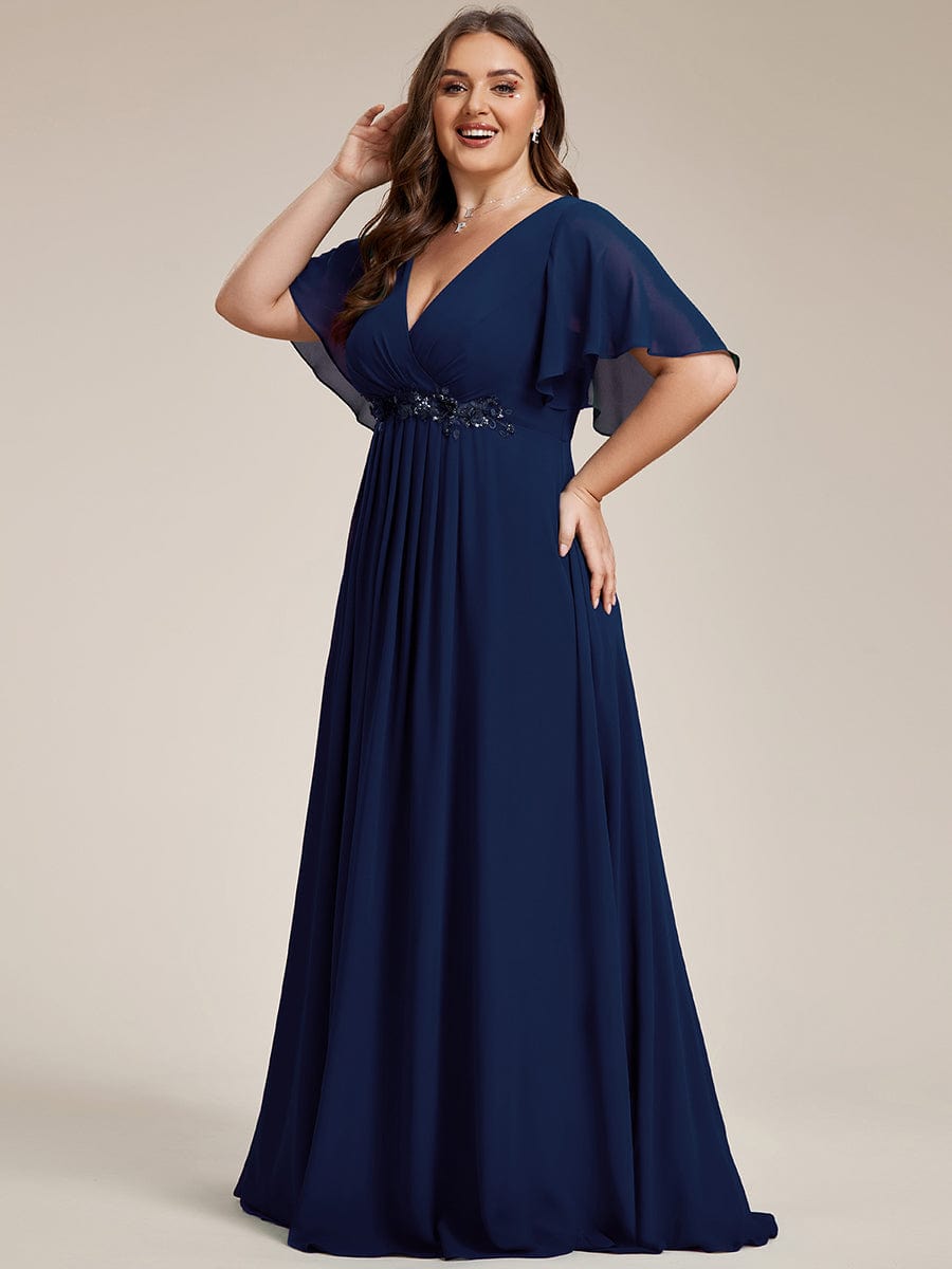 Plus Size Floral Applique Short Sleeve A-Line Chiffon Evening Dress #color_Navy Blue