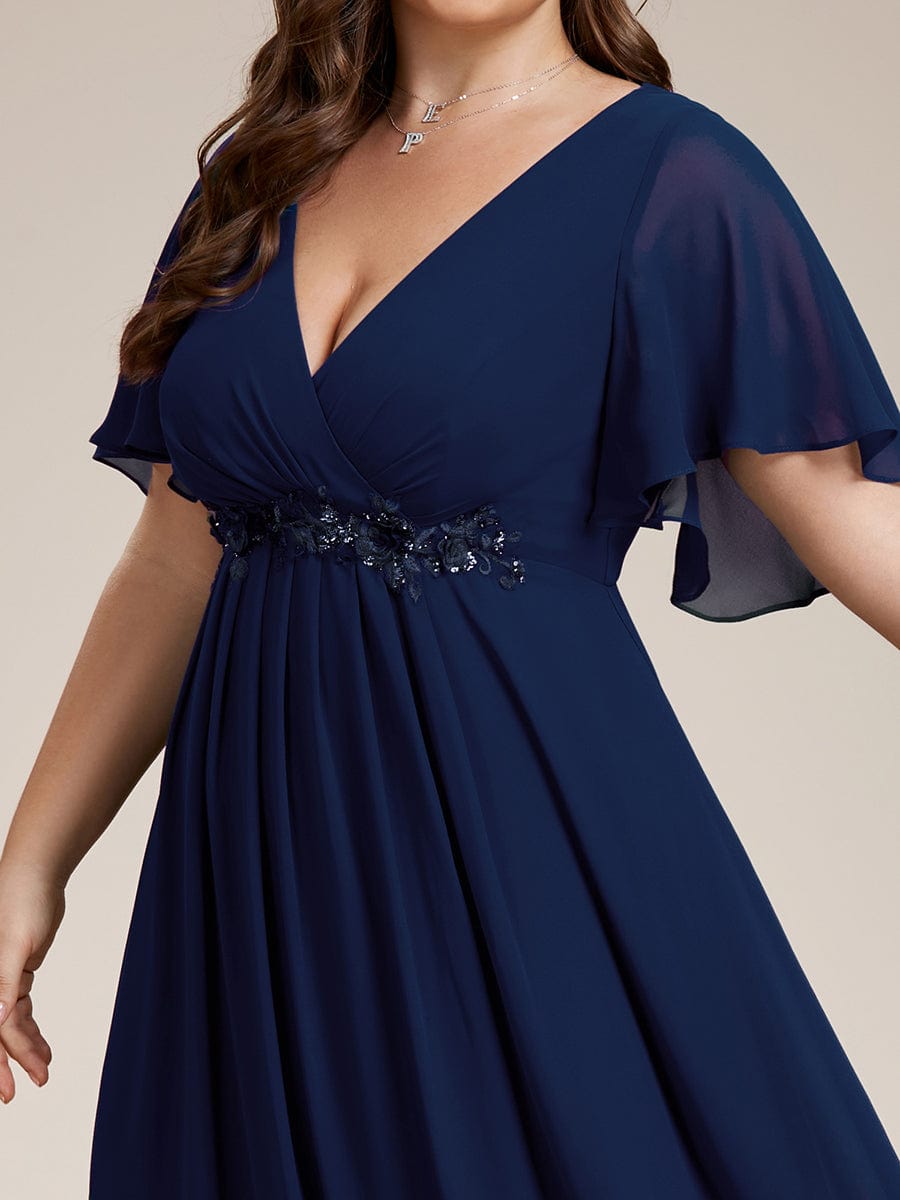 Plus Size Floral Applique Short Sleeve A-Line Chiffon Evening Dress #color_Navy Blue