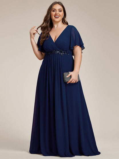 Plus Size Floral Applique Short Sleeve A-Line Chiffon Evening Dress #color_Navy Blue