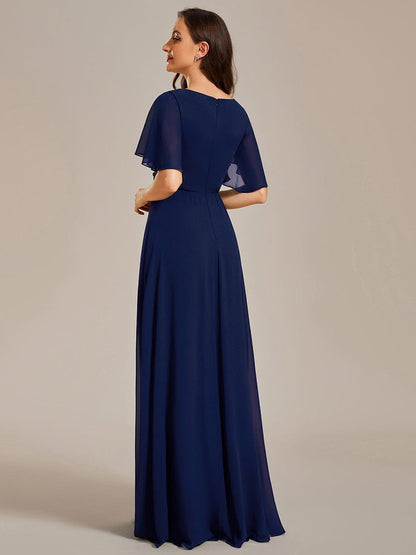 Ruffles Sleeve A-Line Chiffon Waist Applique Maxi Evening Dress #color_Navy Blue