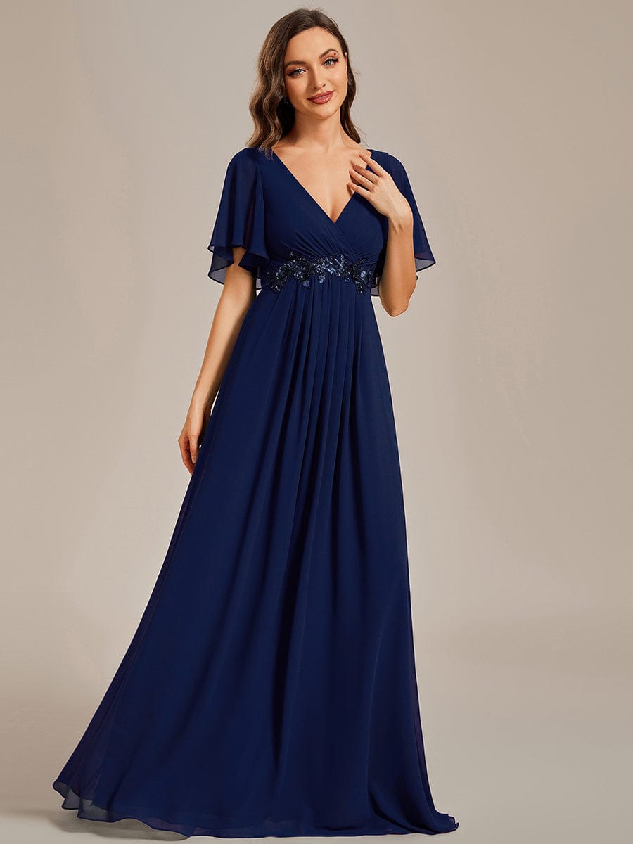 Ruffles Sleeve A-Line Chiffon Waist Applique Maxi Evening Dress #color_Navy Blue