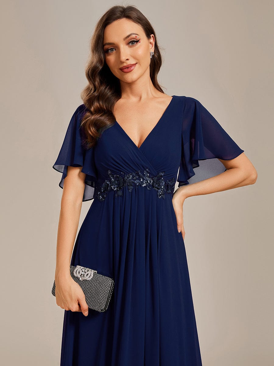 Ruffles Sleeve A-Line Chiffon Waist Applique Maxi Evening Dress #color_Navy Blue