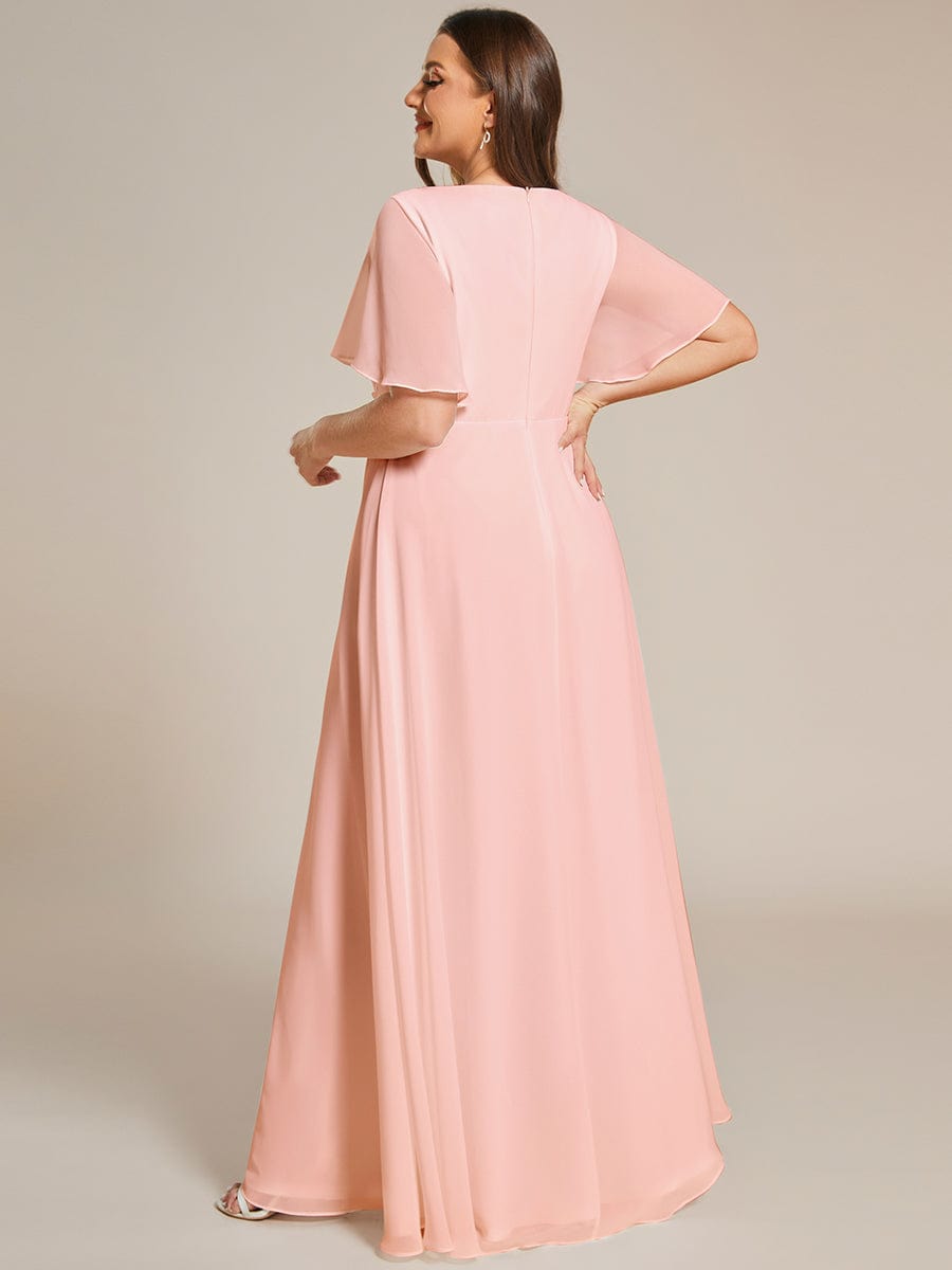 Ruffles Sleeve A-Line Chiffon Waist Applique Maxi Evening Dress #color_Pink