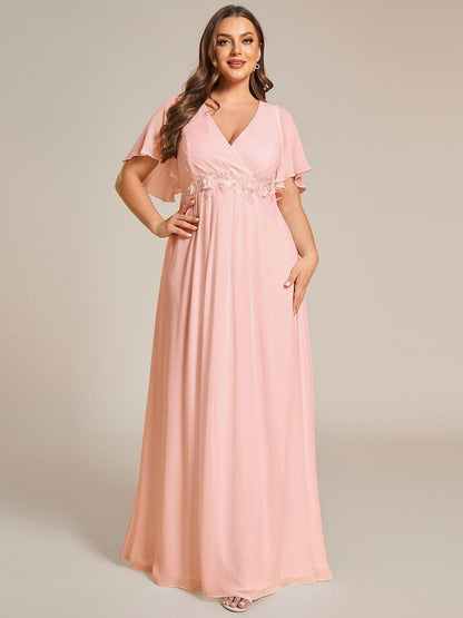 Plus Size Floral Applique Short Sleeve A-Line Chiffon Evening Dress #color_Pink